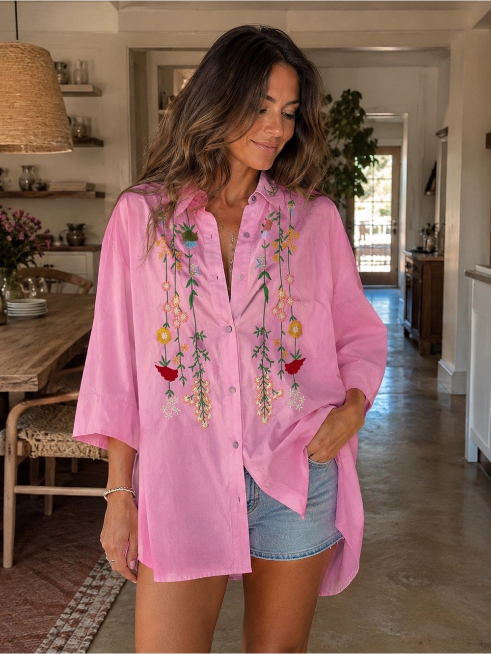POL Pink Floral Embroidered Button Front Tunic Shirt NWOT Large Boho